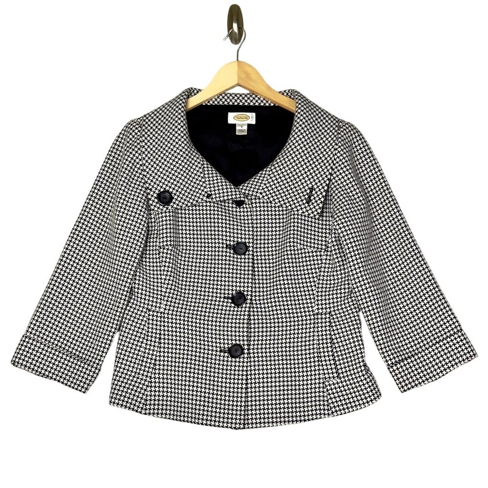 Talbots Black White Houndstooth 3/4 Sleeves Vintage Shawl Collar Jacket Size 6